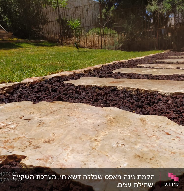 שביל אבנים בגינה עם אדמה חומה מסביב